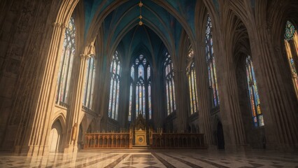 Fototapeta premium a large cathedral with stained glass windows. Ai llustration. fantasy digital painting. Artificial Intelligence Artwork