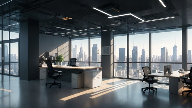 an office with a large window. Ai llustration. fantasy digital painting. Artificial Intelligence Artwork