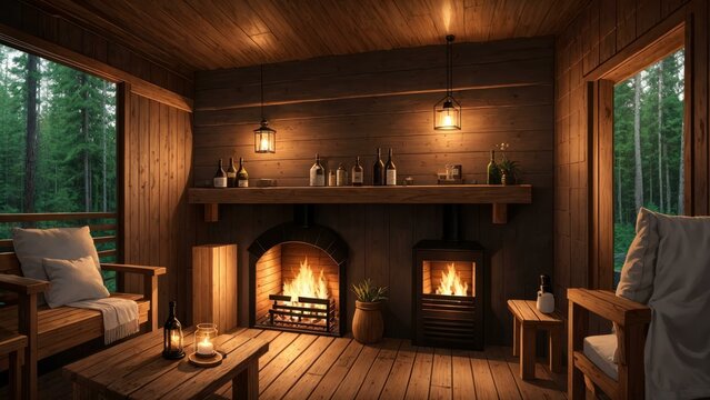a room with a fireplace and a bed. Ai llustration. fantasy digital painting. Artificial Intelligence Artwork