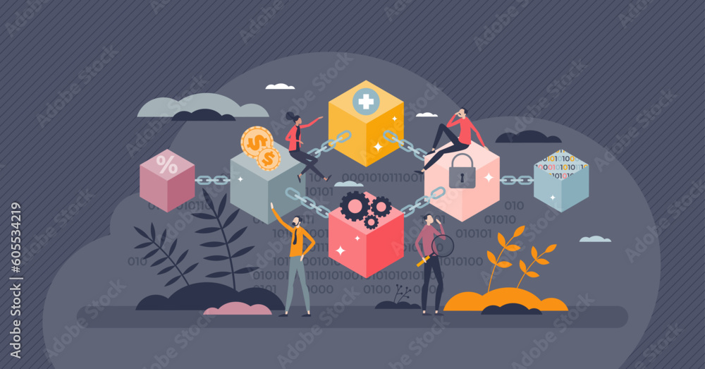 Aufkleber blockchain technology as digital financial money system tiny person concept. secured crypto decentra