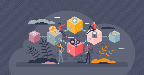 Blockchain technology as digital financial money system tiny person concept. Secured crypto decentralized transactions with block chain information management for web purchases vector illustration.