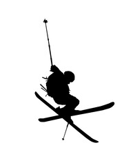 Skiing silhouette vector, isolated on white background.