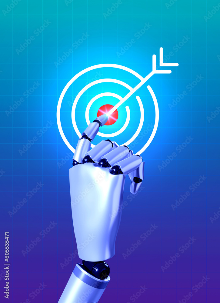 Poster business goal and technology with artificial intelligence concepts. smart robot hand pointing on a b