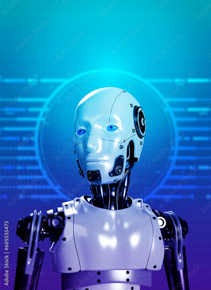 Poster humanoid robot portraits looking smart on binary code and circuit symbol on blue background, vertica