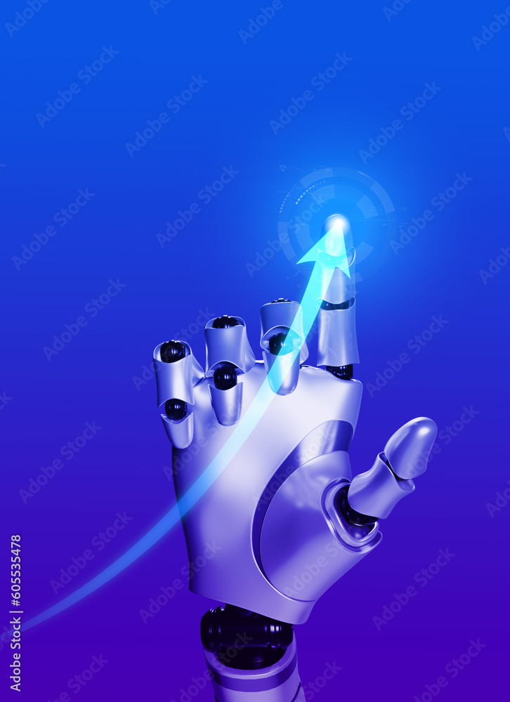 Poster business and technology with artificial intelligence concepts. smart robot hand draws a rising arrow
