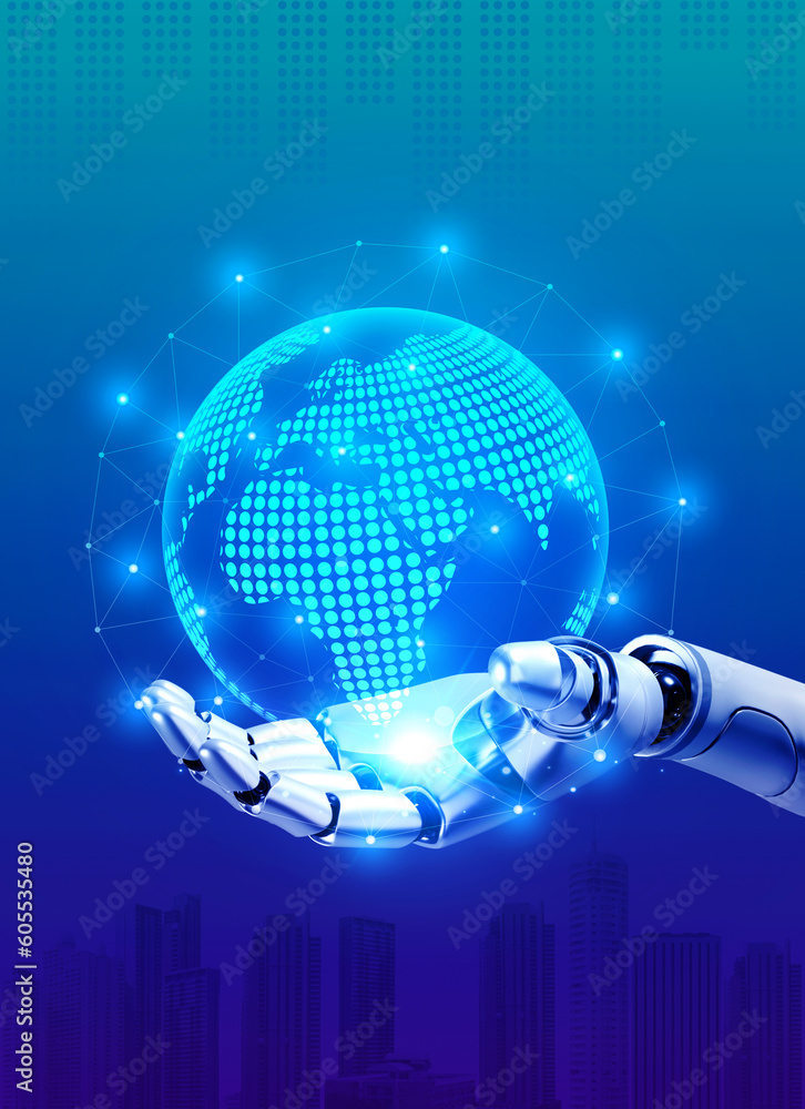 Poster 3d rendering robot hand holding digital world virtual hologram with data connection on blue network 
