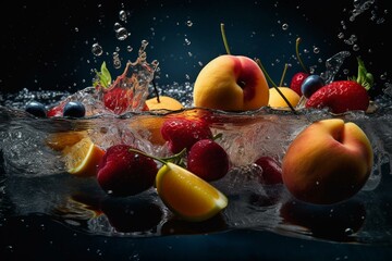 Fototapeta na wymiar Fresh fruits submerged in water for a refreshing treat. Generative AI