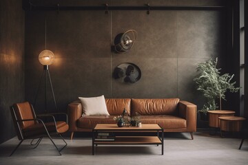 Simple brown lounge area with minimal decor. Generative AI