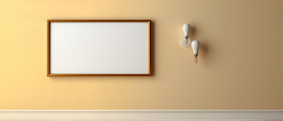 Creative interior concept. Pastel Yellow large empty wall with blank photo frame. Template Banner for product presentation. 3D rendering. copy text space

