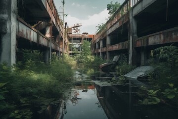 Fototapeta na wymiar Dystopian aftermath with decrepit structures and toxic water amidst lush foliage. Imaginative theme. Generative AI