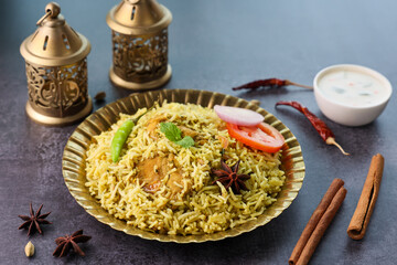 Chicken biryani Spicy Indian Malabar biryani Hyderabadi biryani Dum Biriyani pulao golden bowl...