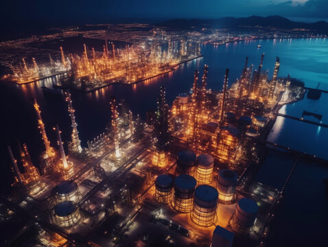 Oil refinery at night, Aerial view oil and gas petrochemical industrial, Refinery factory oil storage tank and pipeline steel at night. Ai generated.