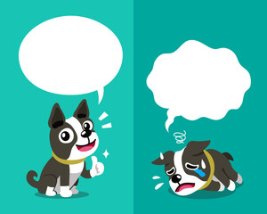 Vector cartoon character cute boston terrier dog expressing different emotions with speech bubbles for design.