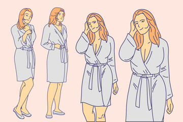 young woman with blonde hair in bathrobe with different postures line art