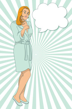 Young blonde woman in bathrobe with speech bubble vintage vector illustration.