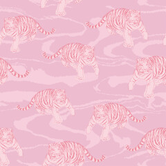 Tiger Outline illustration Art Pink color On Vivid Background Wallpaper, Safari Animal Art , Tiger Seamless Pattern 