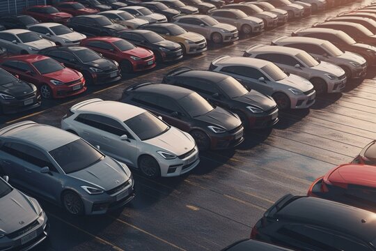 Numerous automobiles parked. 3D rendering. Generative AI