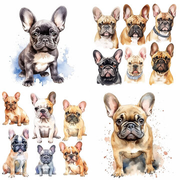 Set of watercolor pictures French Bulldog dog clip art, multicolored