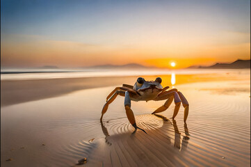 Fototapeta na wymiar a crab is on the sand by the beach in the evening, behind it are the rays of the setting sun.