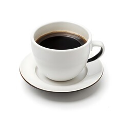 Top View of Steaming Hot Black Coffee Filled Ceramic Mug on White Background