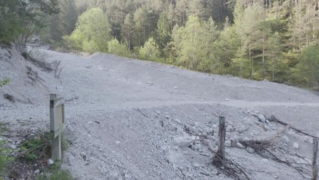 un ghiaione in montagna nelle dolomiti circondato da un bosco di conifere