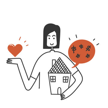 hand drawn doodle love real estate and coin stack illustration vector