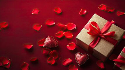 Valentine day with Gift box and red flowers on red pastel background