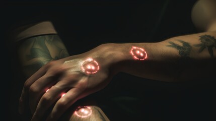 Biohacking implants, symbolizing the integration of technology with human biology for performance enhancement. Technological devices implanted into the human body. Generative AI