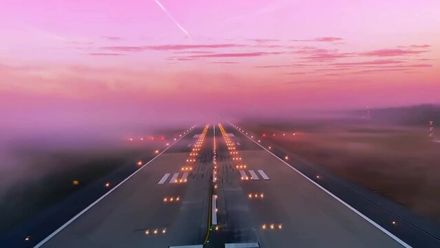 Incredible view of airplane landing on airport runway seen from cockpit with orange pink colored sky. Digital art concept