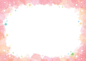 キラキラと丸い飾り付きのピンク系のかわいい水彩風フレーム
