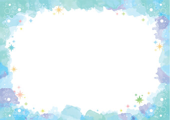 キラキラと丸い飾り付きのブルー系のかわいい水彩風フレーム