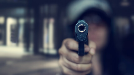 Woman pointing a gun at the target on dark background, selective focus on front gun, vintage color...