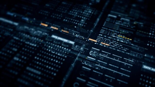 Advance data matrix, telemetry and encrypt numbers simulation user interface display in cyber space abstract de-focus environment background