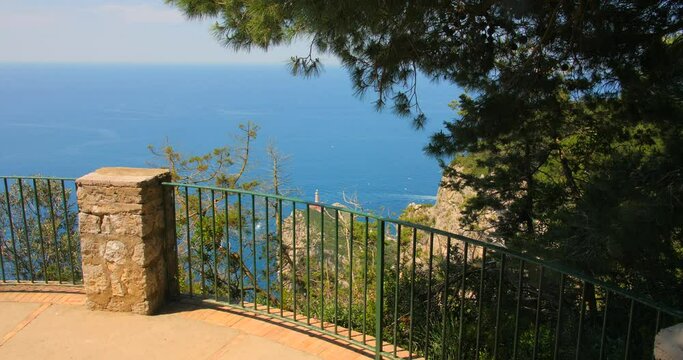 Looking At The Idyllic Tyrrhenian Sea At The Viewing Point In Capri, Italy. Pan Right Shot
