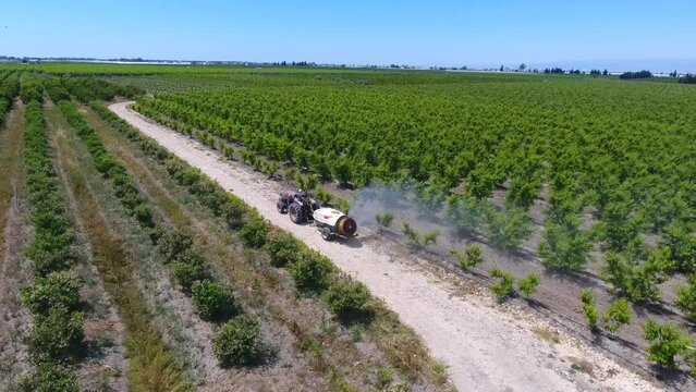 Caterpillar Tractor Row tree orchard spray drone camera shot from above