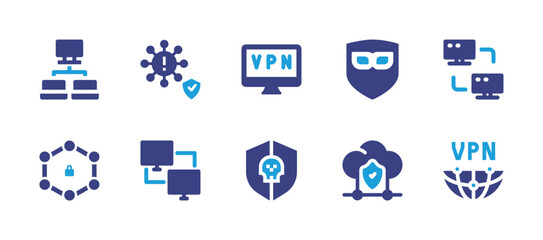 VPN icon set. Duotone color. Vector illustration. Containing local network, vpn, virtual private network, encrypt, connection, antivirus, cloud computing.