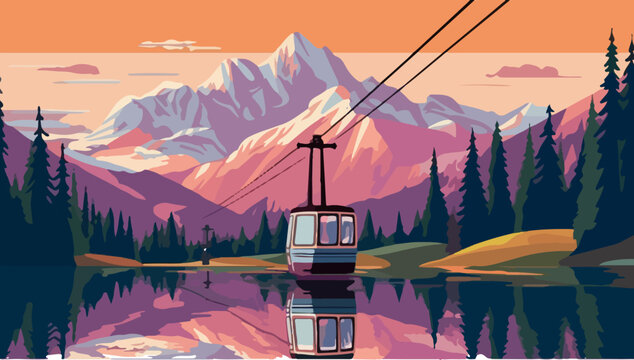 tram way passes over the mountain lake with landscape views flat vector