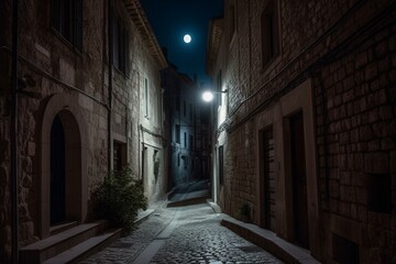 Fototapeta na wymiar Moonlit narrow street in an old Mediterranean town. Generative AI