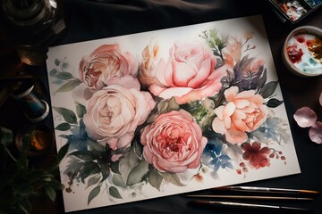 Template for a card featuring watercolor roses. Generative AI