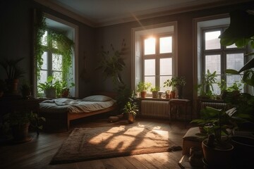 Simple living space adorned with greenery and bathed in morning light. Generative AI