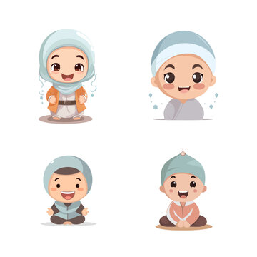 cute muslim cartoon character smile different style vector