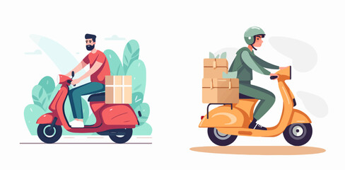 Online delivery service concept bicycle courier handling boxes vector