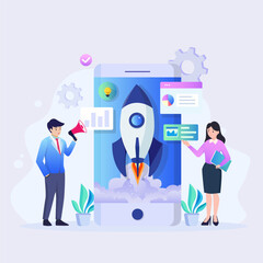 Business startup launch concept, Startup business design concept with rocket, laptop. Flat vector illustration. Landing page template for web.