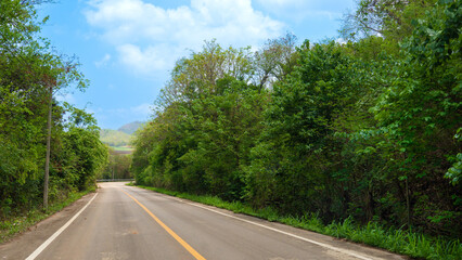 Fototapeta na wymiar Road goes straight ahead of the asphalt road and the curve at the end in Thailand. Two besie with green forest and under blue sky and white clouds.