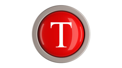Red Button 3d with letter T white color  on top, 3d button PNG isolated white background