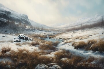 An oil painting of a wintery tundra landscape. Generative AI - obrazy, fototapety, plakaty