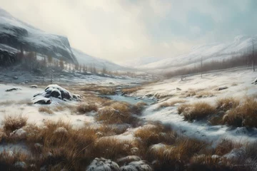 Fotobehang An oil painting of a wintery tundra landscape. Generative AI © Ethan