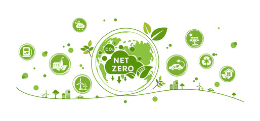 Net zero and carbon neutral concept. Net zero greenhouse gas emissions target. Climate neutral long term strategy with green net zero icon and on the world and green city with circles doodle backgroun - obrazy, fototapety, plakaty