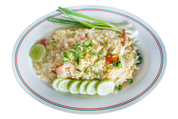 Top view of Shrimp fried rice with assorted vegetables, focus selective