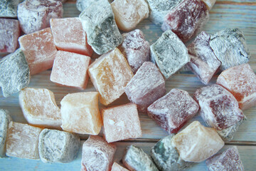  turkish delight or lokum of red, green, orange and yellow colors.
